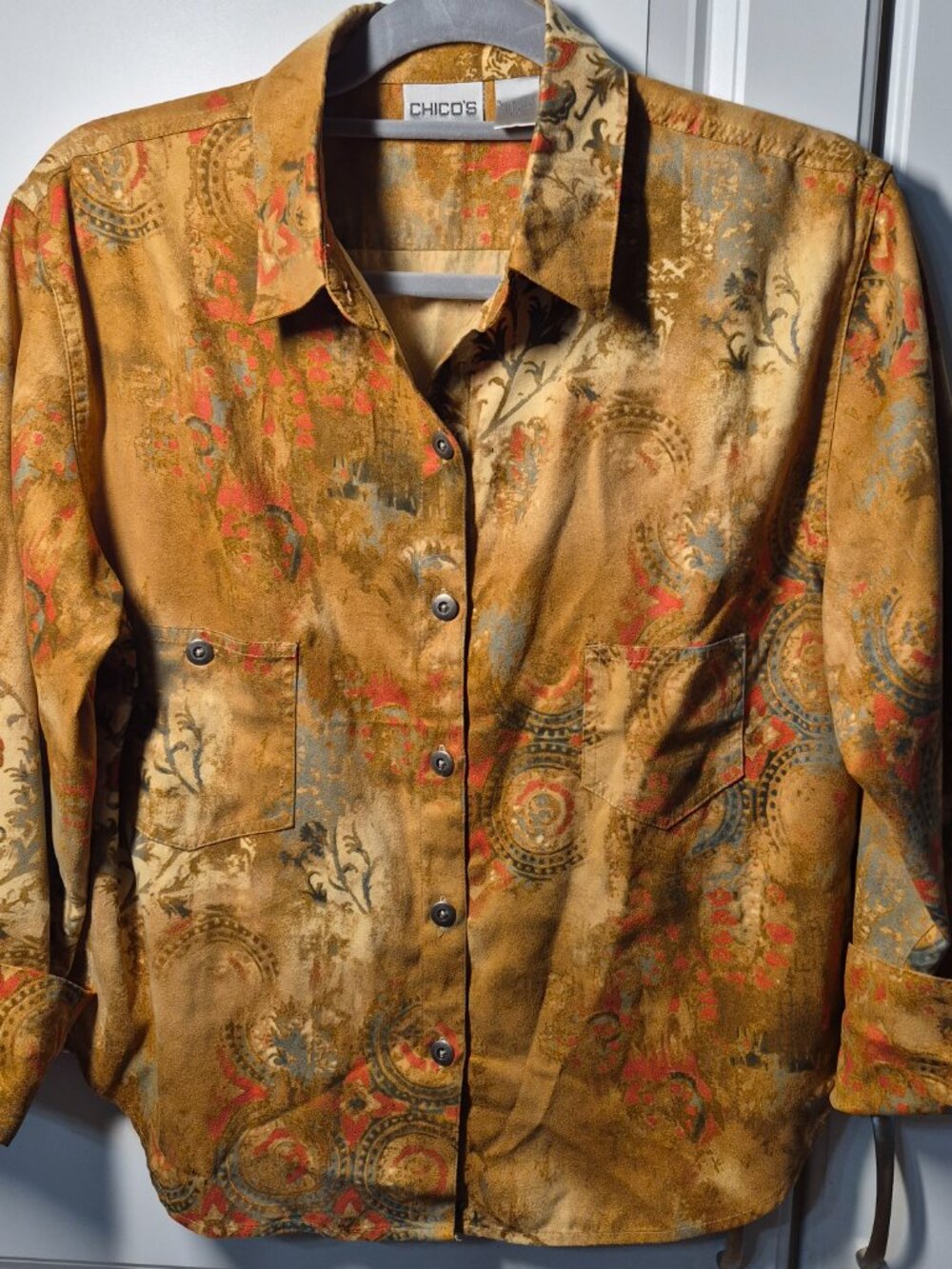 Vintage Chico's Asian Print Button Up Shirt/Jacket Moc Suede size 1